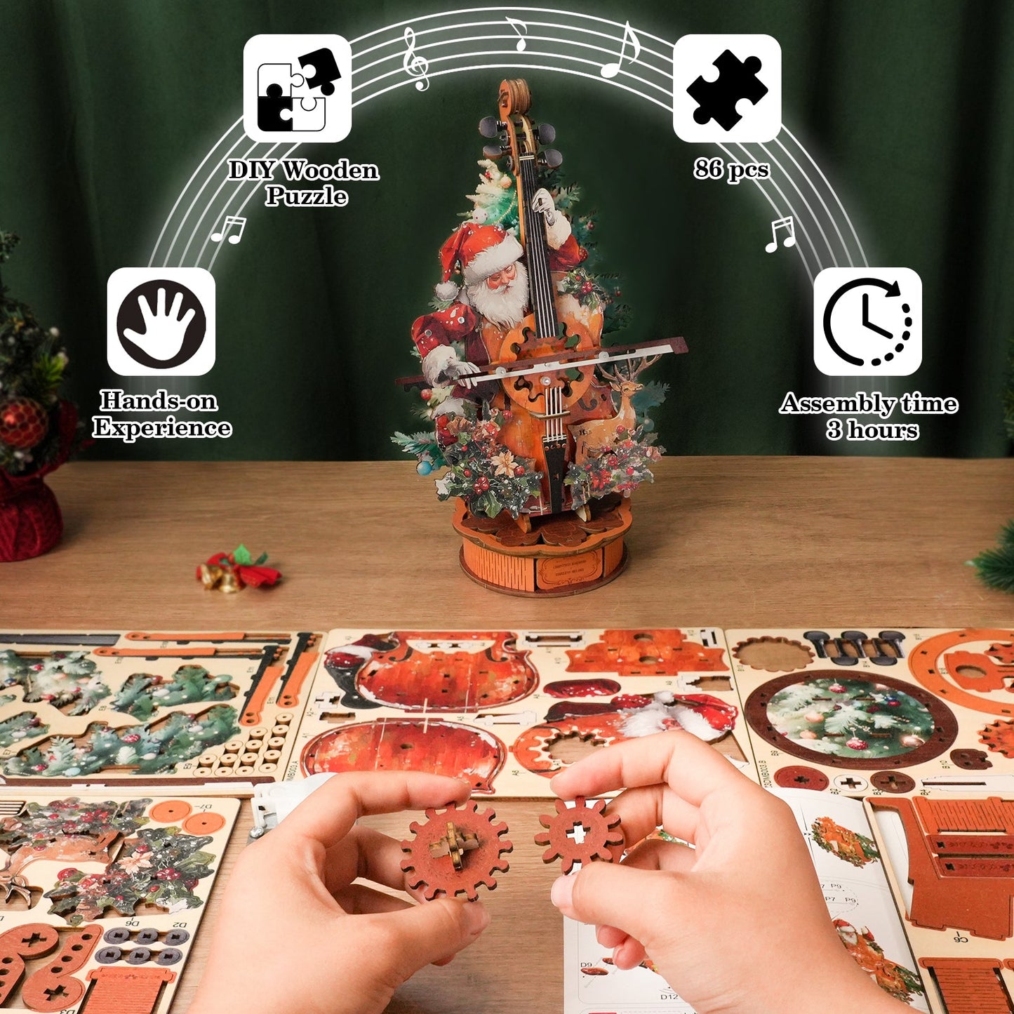 Christmas Concerto Cello Mechanical DIY Kit,3D Wooden Music Box