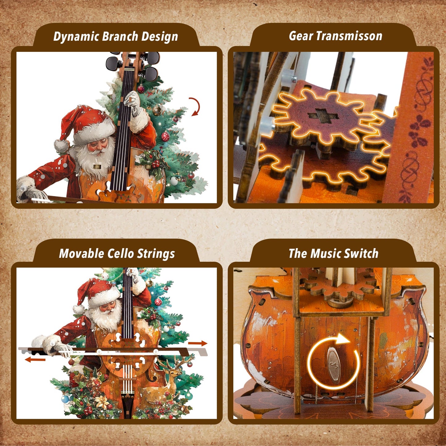 Christmas Concerto Cello Mechanical DIY Kit,3D Wooden Music Box